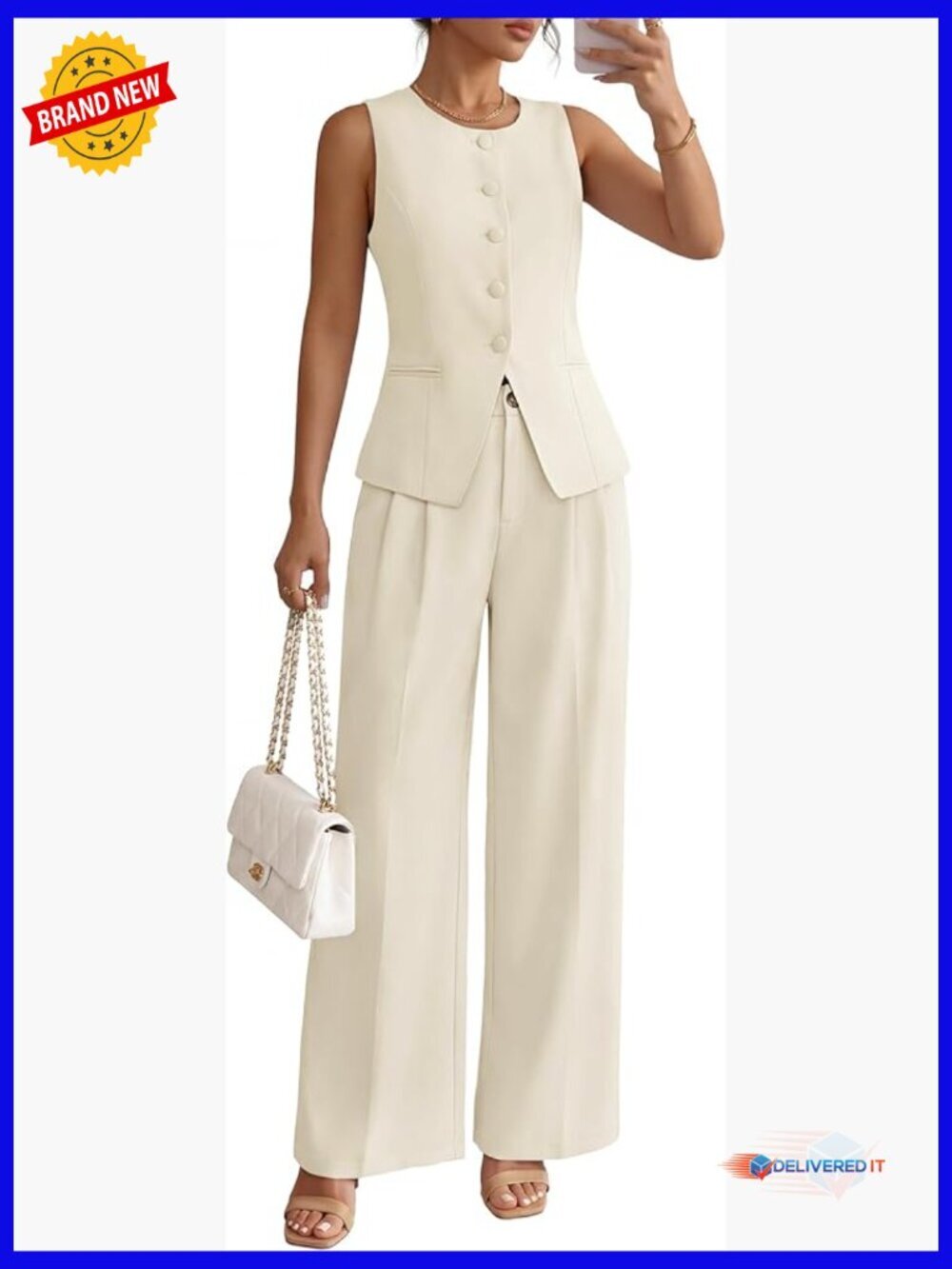 Sleeveless Blazer Vest Wide Leg Pant Set Business Casual Work Suit